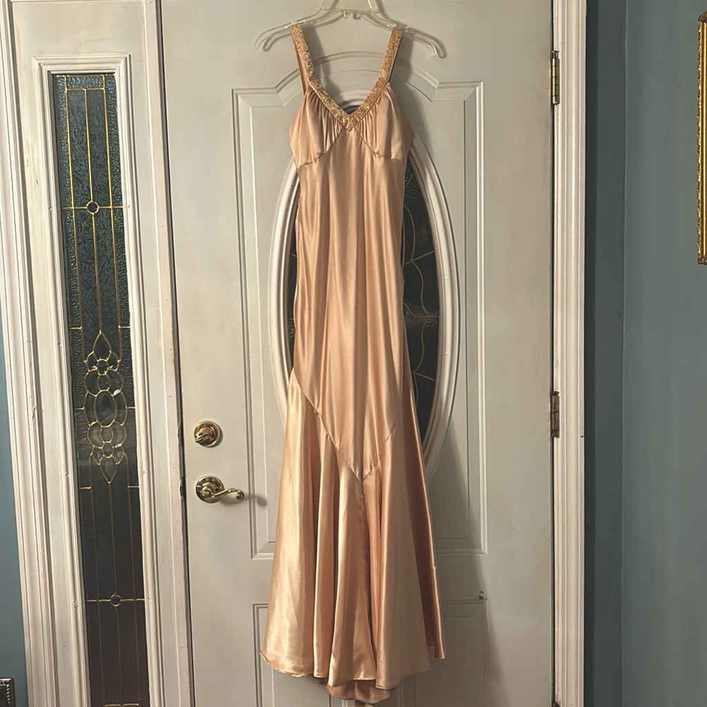 Bari Jay Gold Gown With Sexy Back Train & Sash